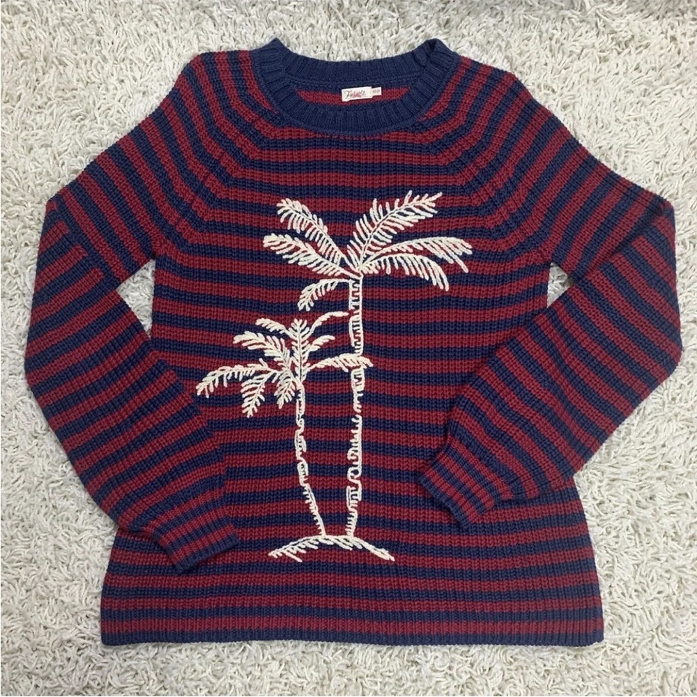 Faherty Royal Palm Striped Knit Blue Red Sweater Embroidered XS